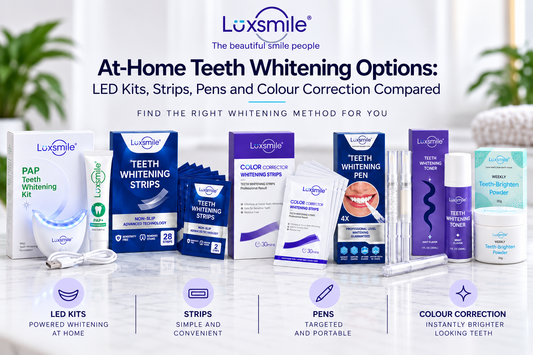 Luxsmile at-home teeth whitening options including LED kits, strips, pens and colour correction