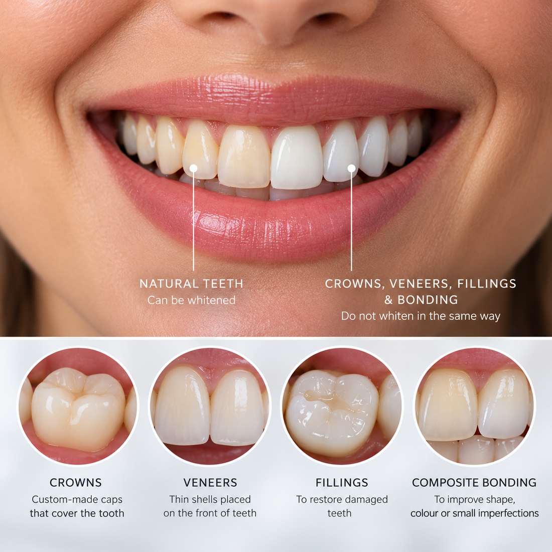 Natural teeth compared with crowns, veneers, fillings and composite bonding before whitening