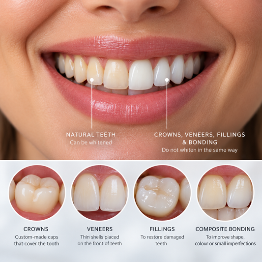 Natural teeth compared with crowns, veneers, fillings and composite bonding before whitening