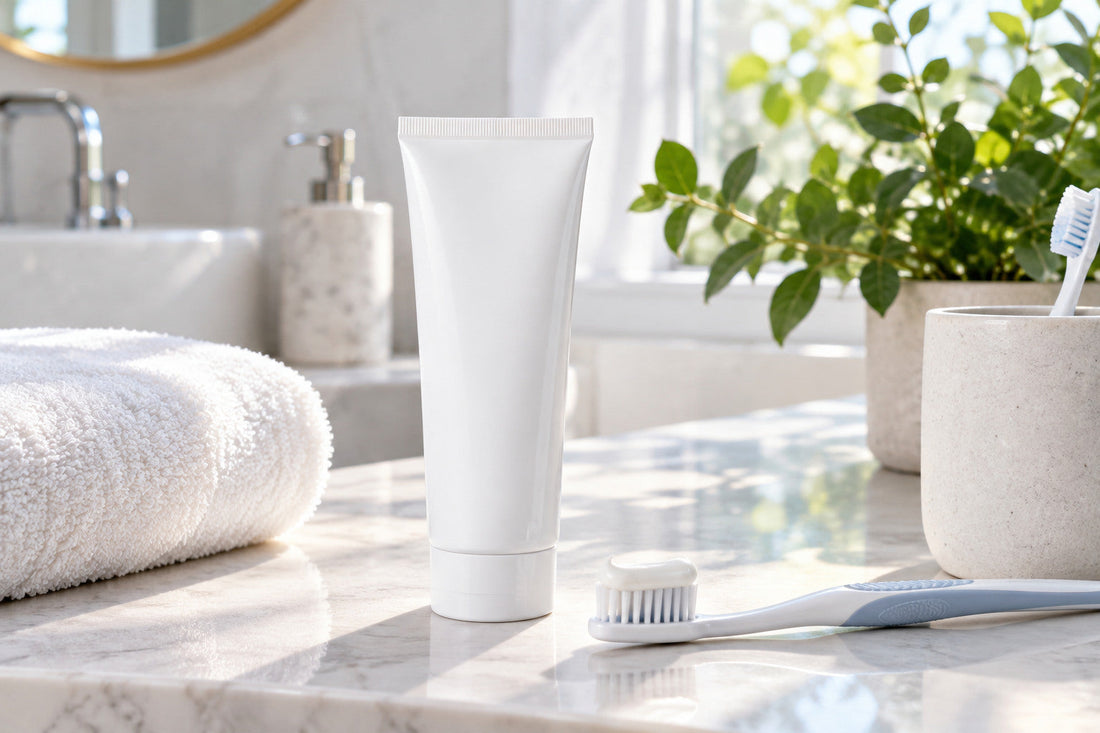 A simple unbranded toothpaste and toothbrush on a bright bathroom counter, illustrating the difference between everyday stain care and dedicated whitening.