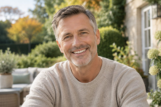 Smiling mature man in a sunny autumn garden, representing everyday care for a bright smile.