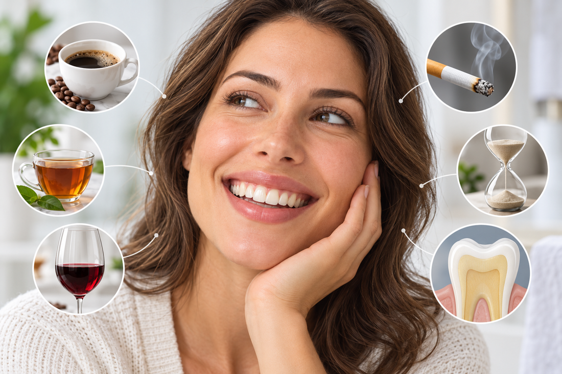Smiling woman surrounded by illustrations of coffee, tea, wine, smoking, ageing and tooth structure.