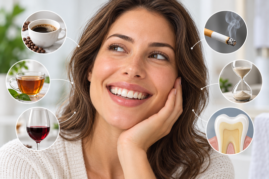 Smiling woman surrounded by illustrations of coffee, tea, wine, smoking, ageing and tooth structure.