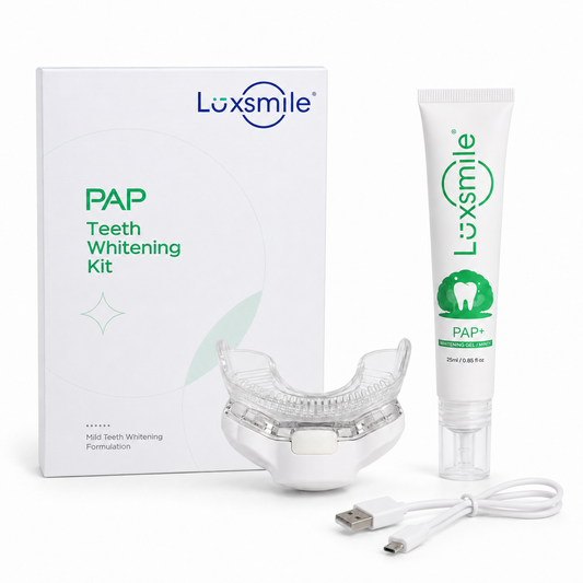 Luxsmile PAP LED Whitening Kit with white rechargeable mouthpiece, gel and USB charging cable