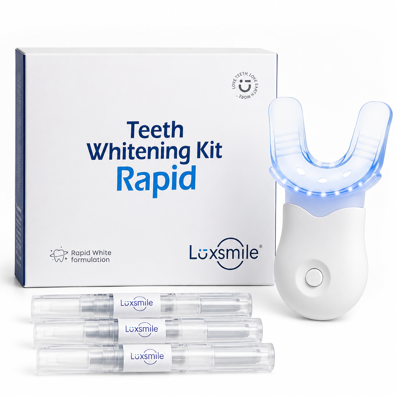 Luxsmile Rapid LED Whitening Kit with three gel pens and six-bulb LED mouthpiece