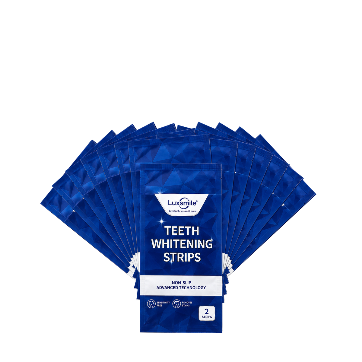 Exactly 14 Luxsmile teeth whitening strip sachets arranged in a fan